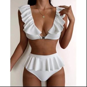 White Ruffle Trim Skort Bikini Swimsuit